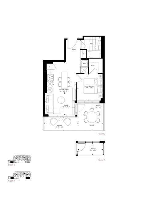 Floor plan for 1 bed, 1 bath, 498 sqft